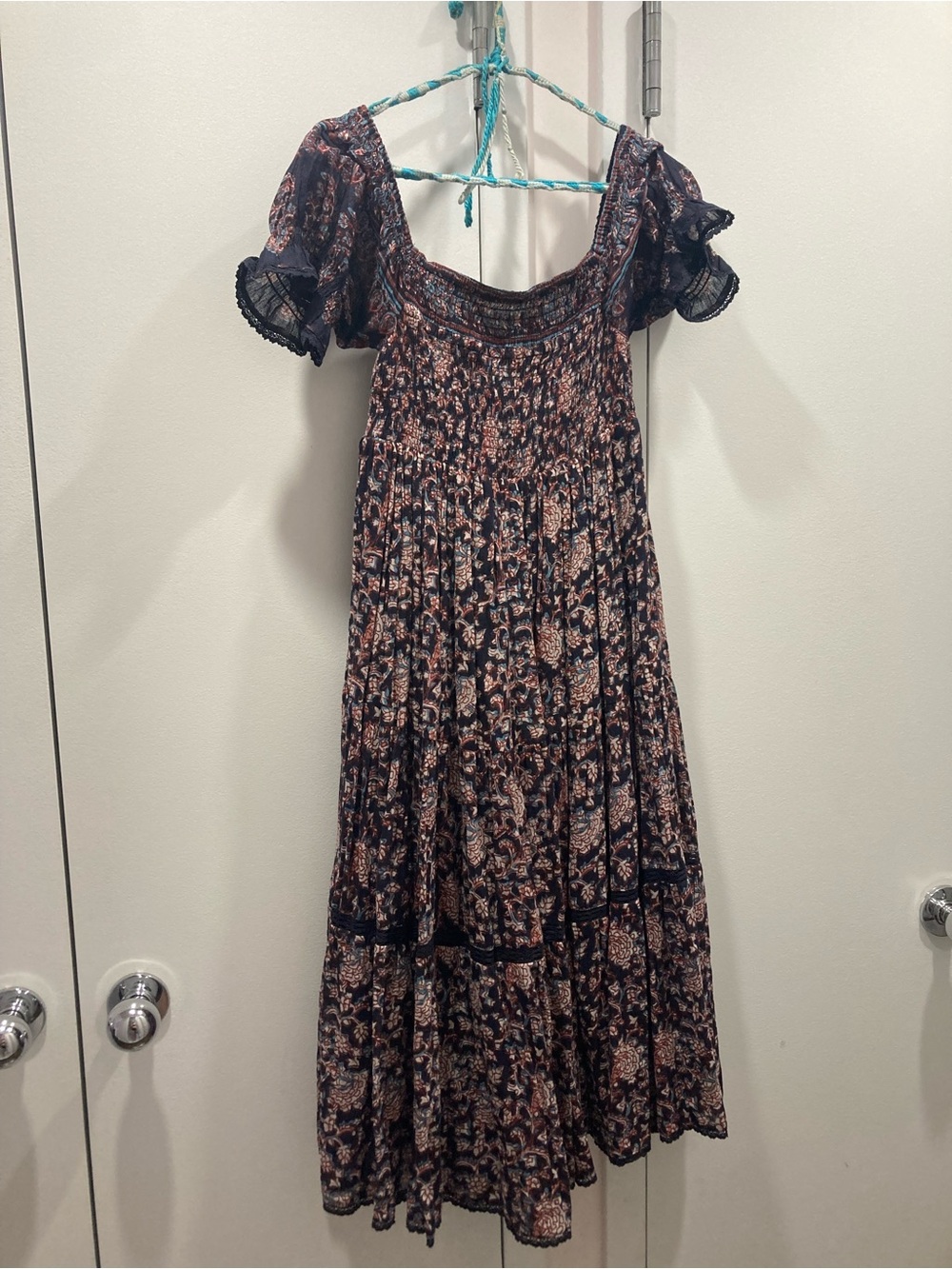 Smocked Maxi Dress in Navy and Pink Floral